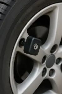 Detailaufnahme eines Autoreifens mit Ventil und Warnsiegel – Symbolbild Ventilwächter in Zittau
