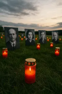 Kerzen und Fototafeln auf einer Wiese am Ort des ehemaligen Dorfes Fukov – Symbolbild für das Happening „Licht für Fugau“