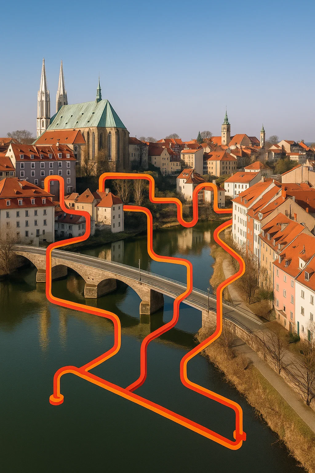 Blick über die Neiße zwischen Görlitz und Zgorzelec mit eingezeichneten Wärme-Trassen – Symbolbild für verknüpfte Fernwärmenetze