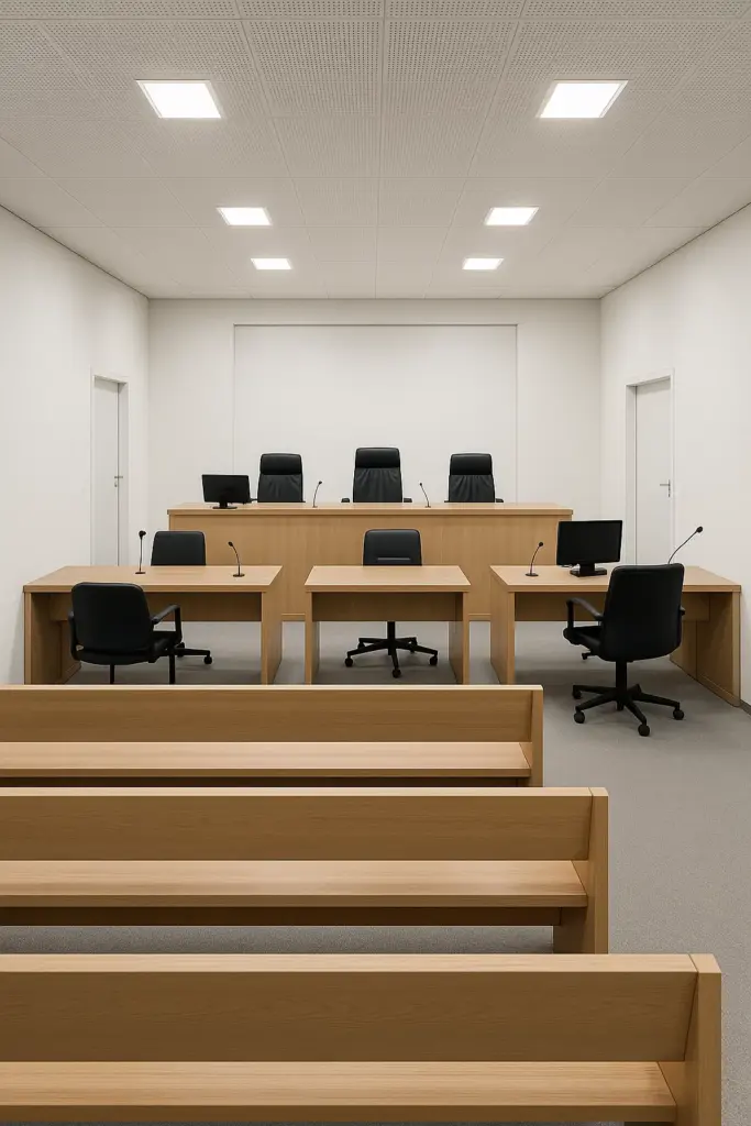 Außenansicht einer großen Leichtbauhalle mit Sicherheitsschleusen – Symbolbild für temporären Gerichtssaal in Magdeburg