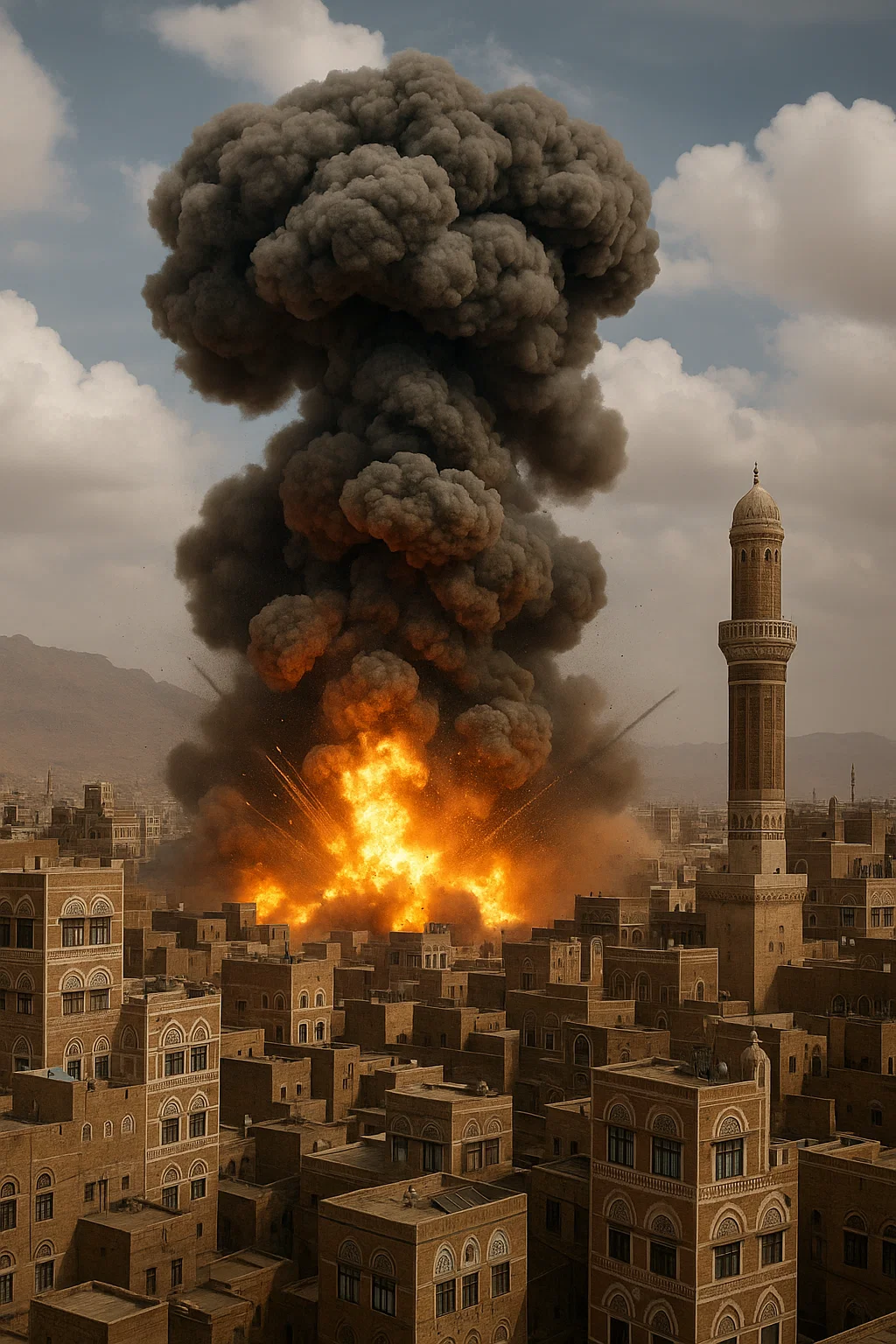 Nachtaufnahme mit Detonationsglut über Stadt – Symbolbild für Luftangriffe auf Sanaa