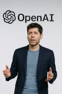 Symbolgrafik: KI-Agent verknüpft Apps und Aufgaben, daneben Atom-/Energie-Icon