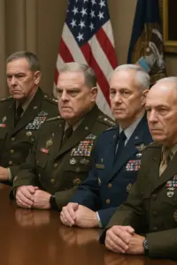 Silhouetten von Generälen vor US-Flagge – Symbolbild für außerplanmäßiges Pentagon-Treffen