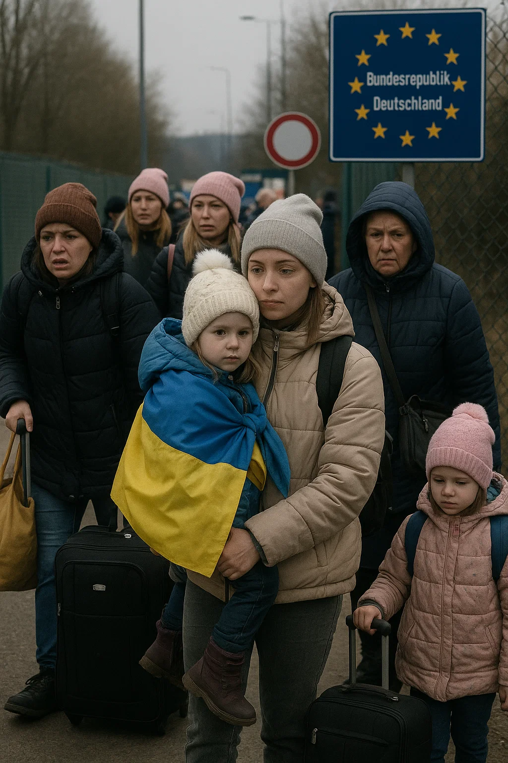 Ukrainische Flüchtlinge überqueren die Grenze zwischen Polen und Deutschland auf dem Weg nach Sachsen