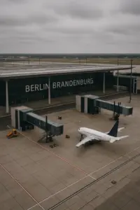Außenansicht des Flughafens BER in Berlin fünf Jahre nach der Eröffnung