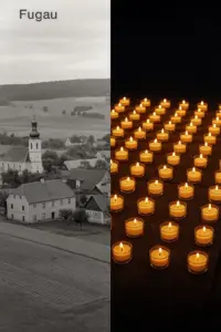 Vergleich Fugau damals und heute: links historische Dorfaufnahme vor 1945, rechts Kerzenlicht-Gedenken 2025 im heutigen Fukov
