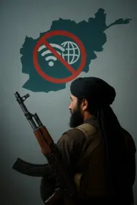 Ein junger Afghane sitzt vor einem ausgeschalteten Computer – Symbol für die Internet-Abschaltung durch die Taliban.