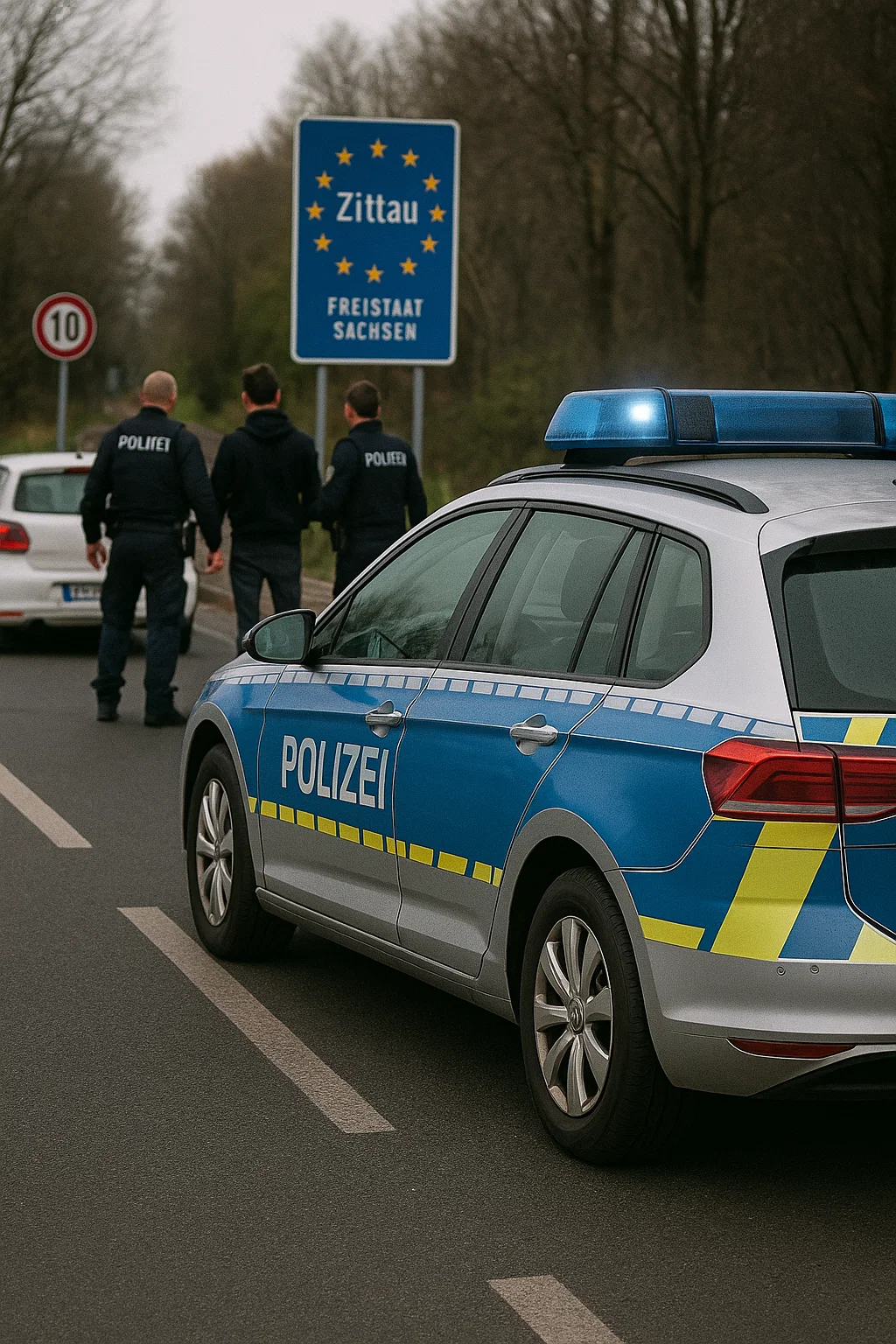 Polizeiwagen an der Grenzkontrolle in Zittau – 25-jähriger Fahrer ignoriert Anweisungen und beleidigt Beamte.