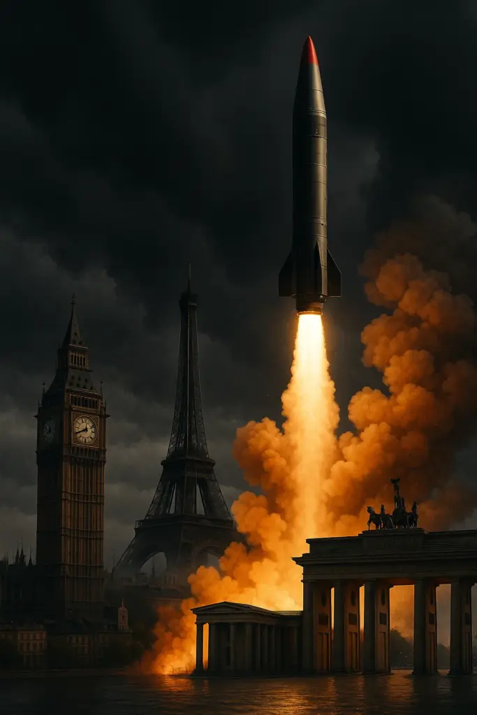 Symbolbild einer russischen Rakete vor der Skyline von Berlin – Drohung Putins gegen Europa