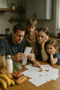 Familie am Küchentisch mit Rechnungen und Lebensmitteln – Symbol für steigende Kosten und sinkende Reallöhne in Deutschland