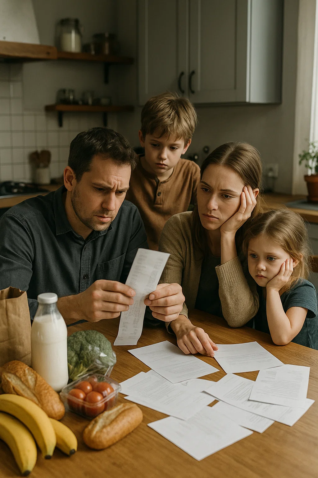 Familie am Küchentisch mit Rechnungen und Lebensmitteln – Symbol für steigende Kosten und sinkende Reallöhne in Deutschland
