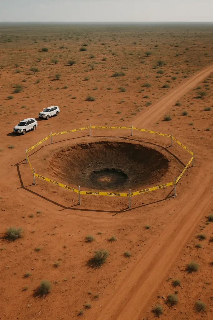 Geheimnisvoller Krater im australischen Outback – Ermittler untersuchen ein unbekanntes Objekt.