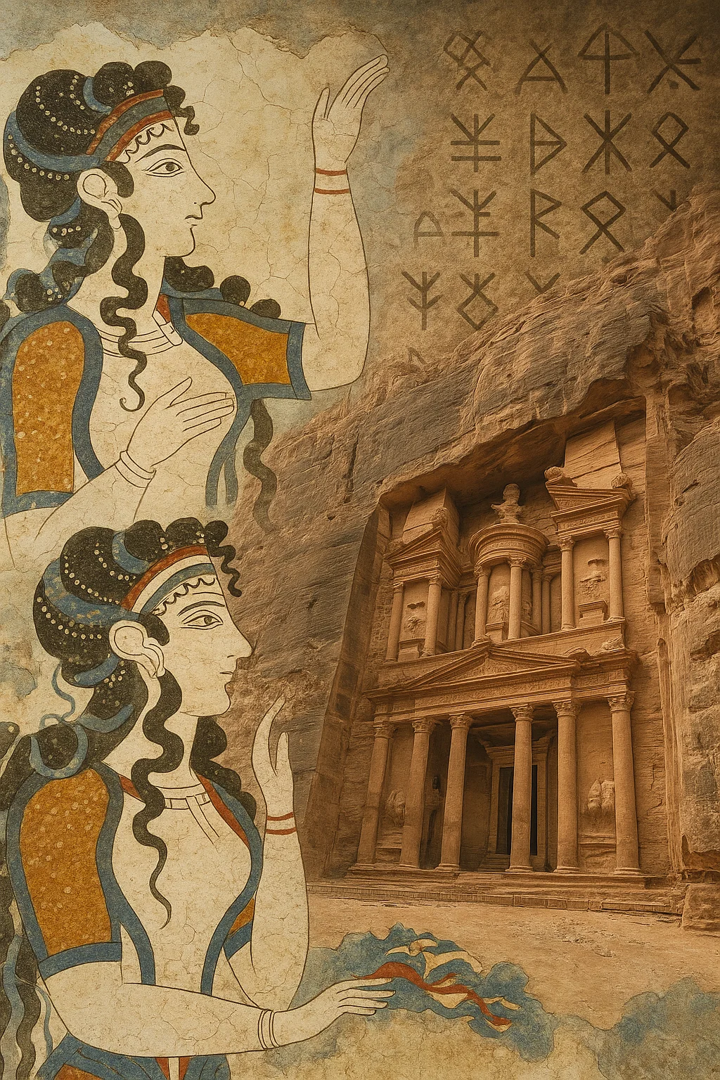 Zusammencollage aus minoischen Fresken, der Felsenstadt Petra und Vinča-Symbolen – Sinnbild antiker Hochkulturen.