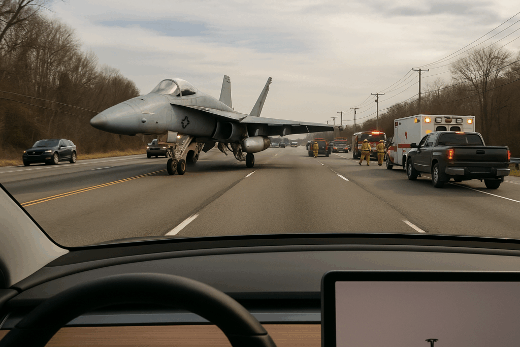 ✈️ Beinahe-Kollision auf US-Straße: Tesla-Dashcam dokumentiert Notlandung eines Militärflugzeugs