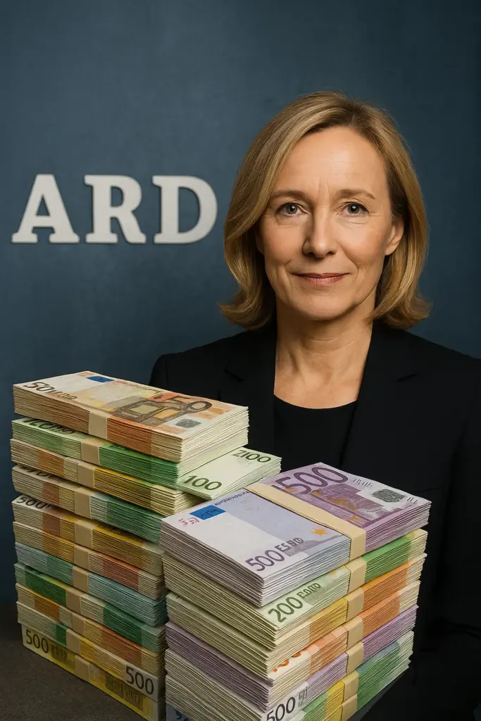 Caren Miosga im ARD-Studio – Symbol für hohe Rundfunkkosten und Debatte um Gebühren