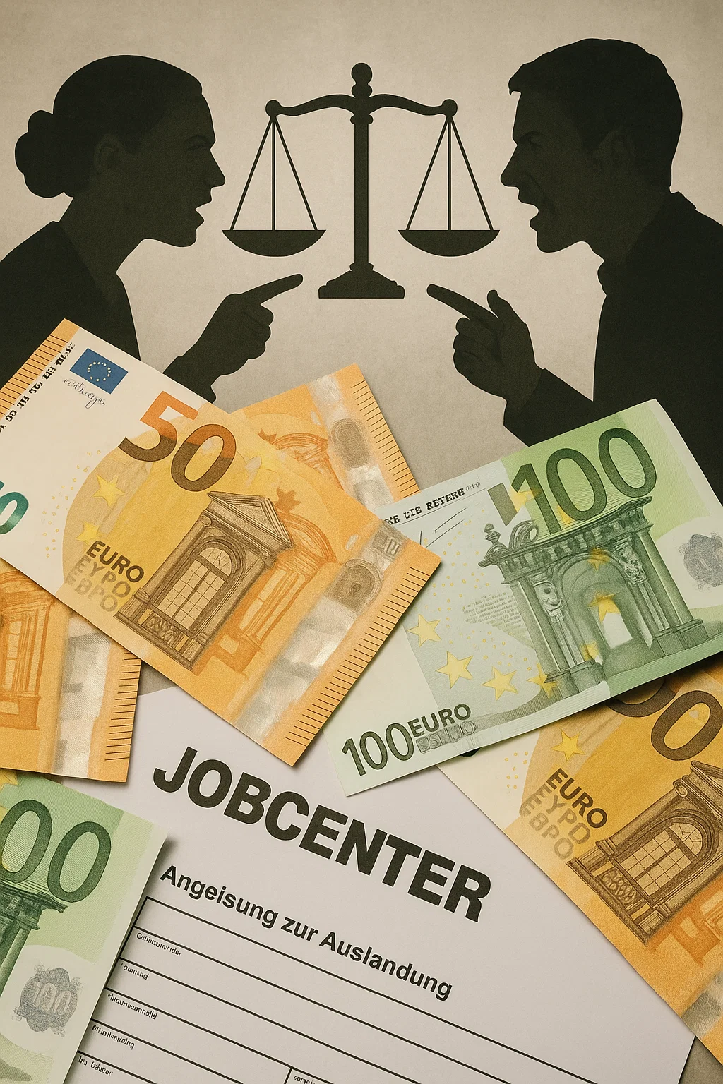 Euro-Scheine auf einem Formular des Jobcenters – Symbolbild für Sozialleistungen in Deutschland