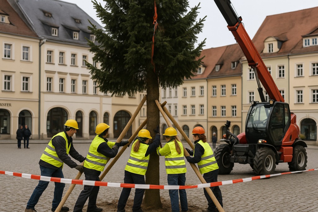 🎄 Vandalismus am Löbauer Altmarkt: Umgesägte Fichte wieder aufgerichtet