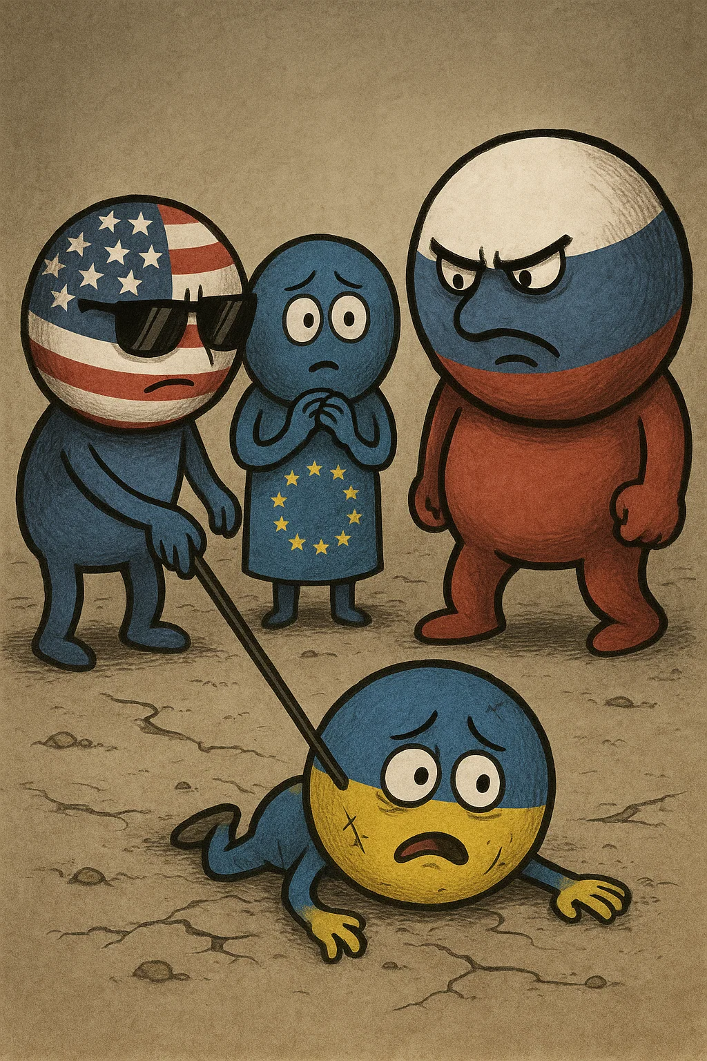 Karte von Europa mit markierten USA und Russland, Symbol für das geopolitische Kräfteverhältnis – 500 Millionen Europäer bitten 300 Millionen Amerikaner um Schutz vor 140 Millionen Russen