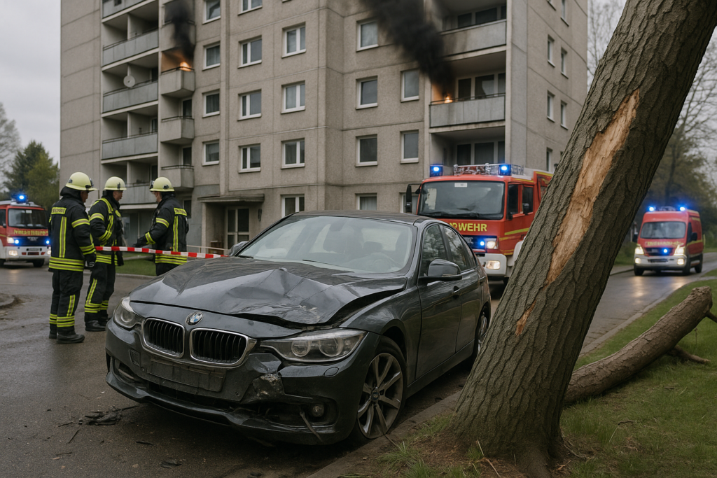 ⚠️ Drei Vorfälle in der Oberlausitz: Verunglückter BMW, Balkonbrand im Hochhaus, erneuter Baumfrevel
