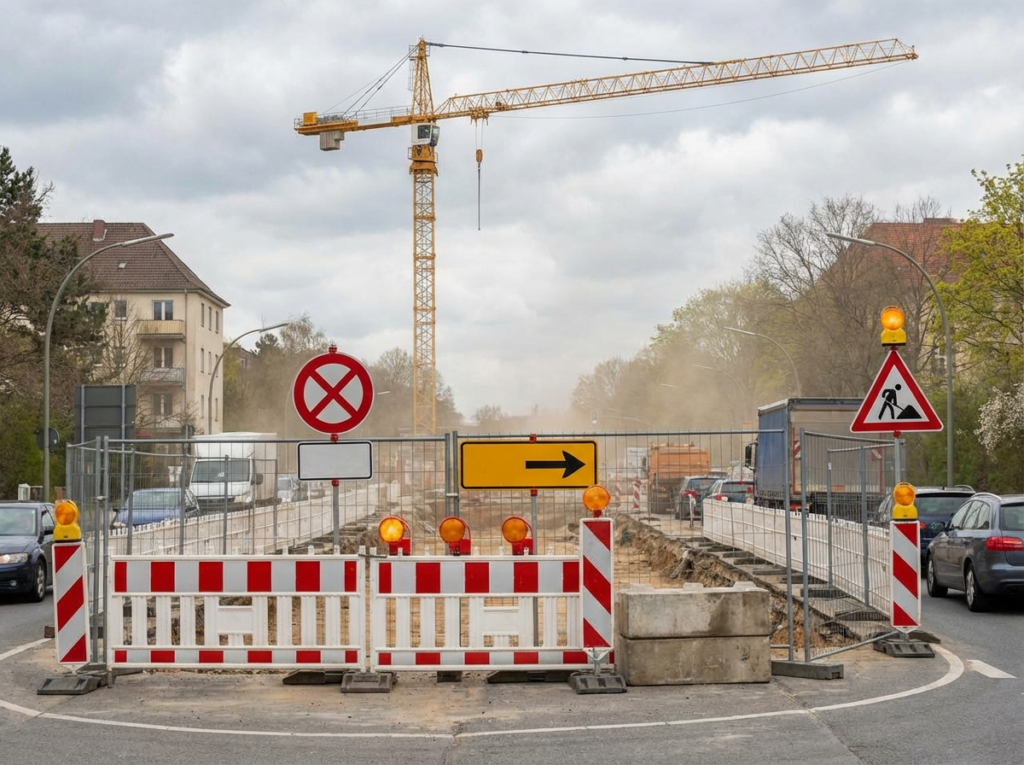 Symbolbild einer Straßensperrung mit Baustellenabsperrung und Verkehrsschild