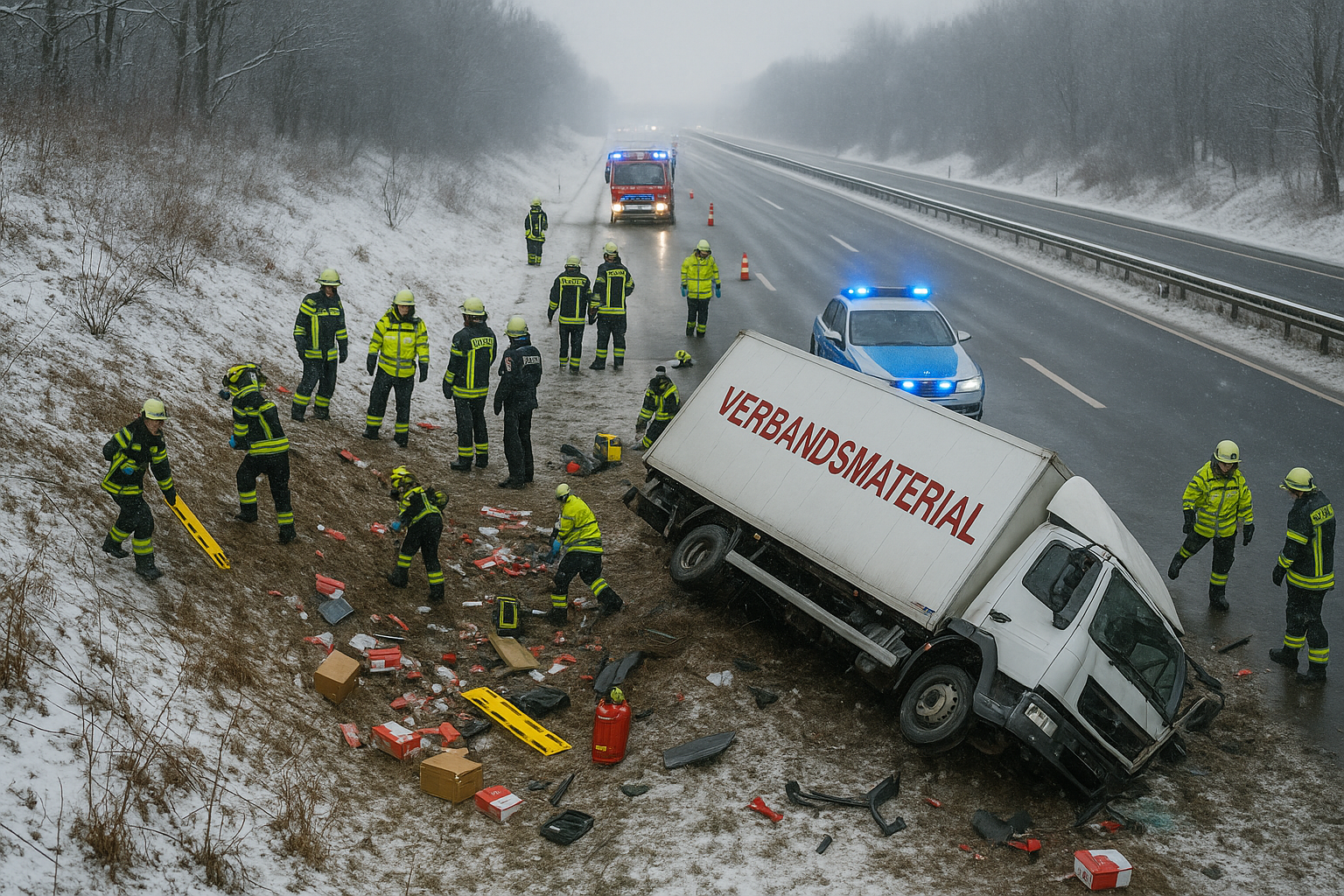 🚧 Glätte auf der A4: Lkw mit Verbandsmaterial stürzt Böschung hinab