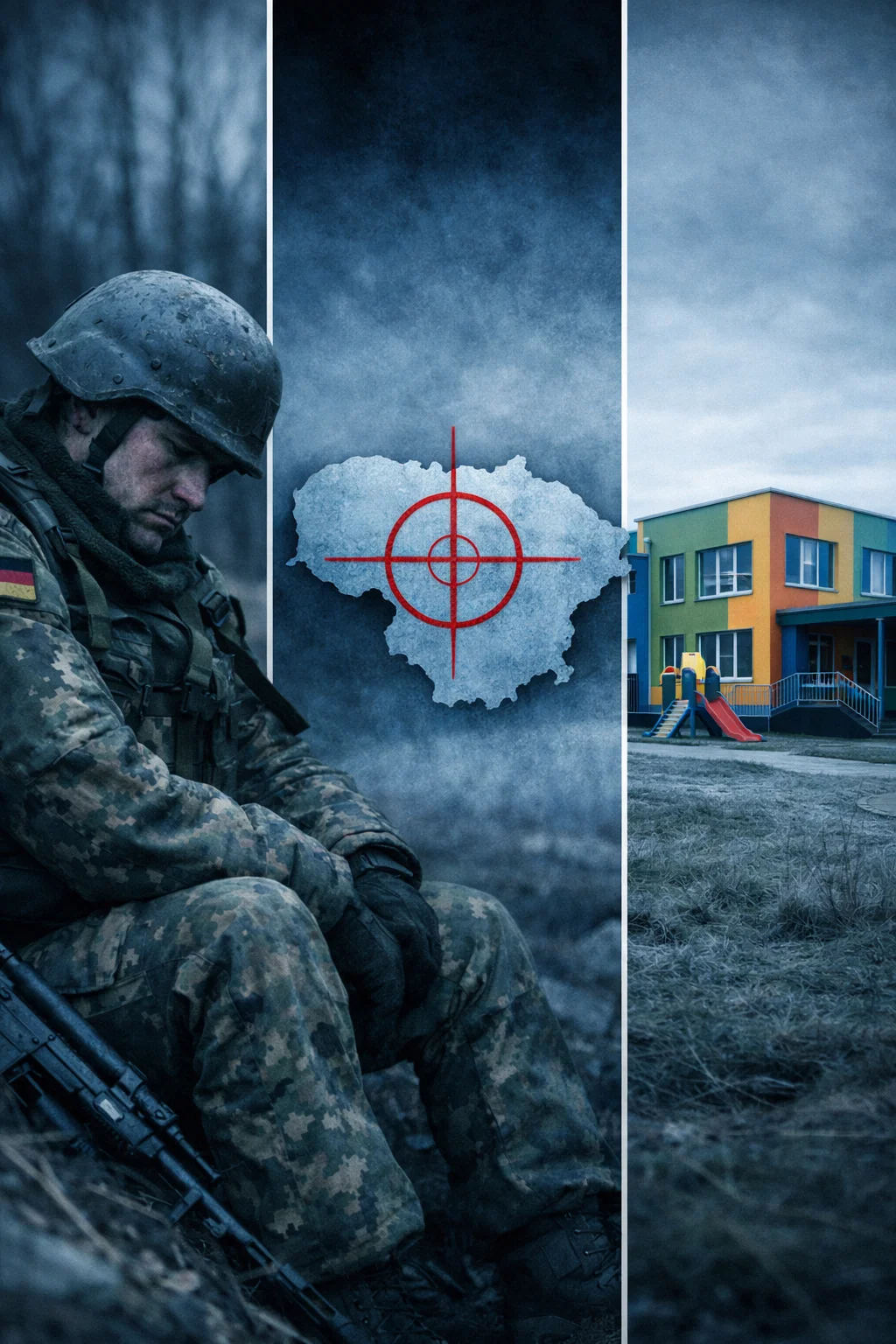 Deutscher Soldat in Flecktarn neben leerem Kindergarten und Litauen-Karte mit rotem Fadenkreuz – Symbolbild zu Pistorius Litauen-Plan und Kanonenfutter-Debatte