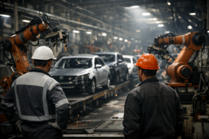 Symbolbild einer Automobilfabrik mit Produktionslinie und Arbeitern, das die wirtschaftlichen Schwierigkeiten und den geplanten Stellenabbau bei Volkswagen darstellt.