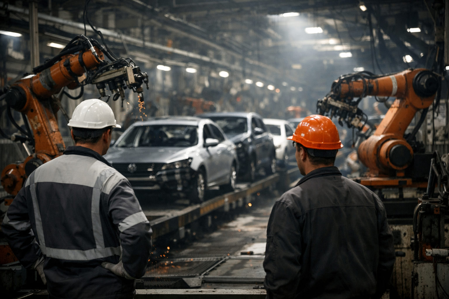 Symbolbild einer Automobilfabrik mit Produktionslinie und Arbeitern, das die wirtschaftlichen Schwierigkeiten und den geplanten Stellenabbau bei Volkswagen darstellt.
