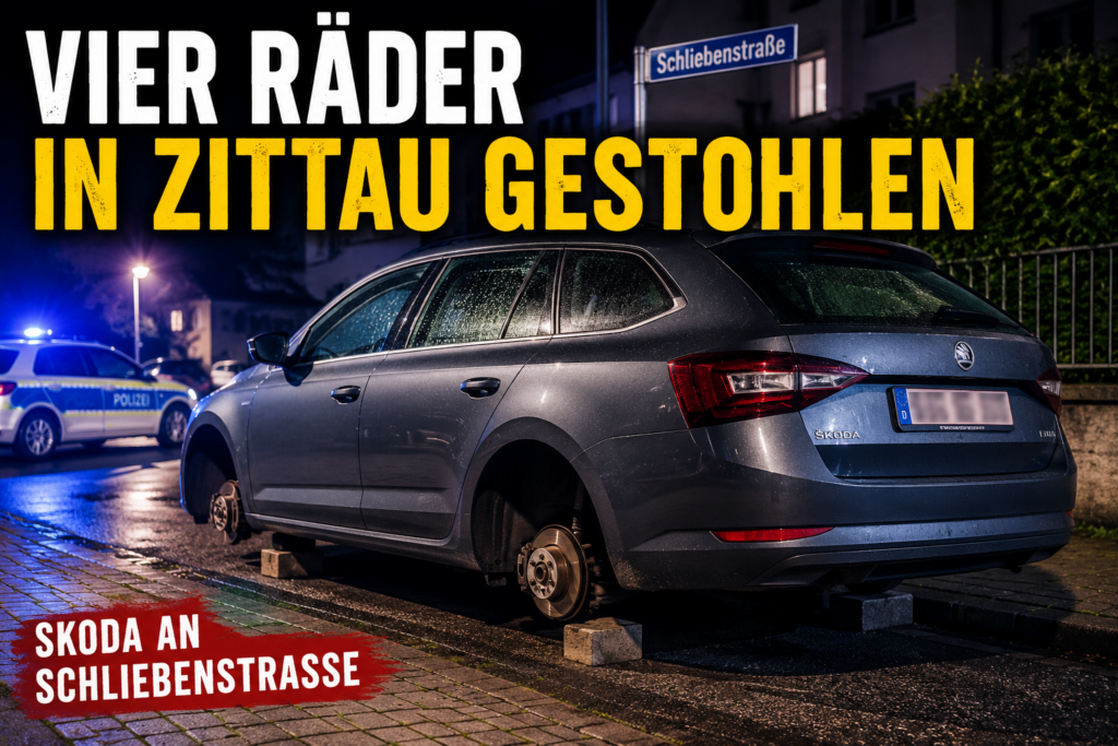 Skoda ohne Räder nach Diebstahl in Zittau an der Schliebenstraße