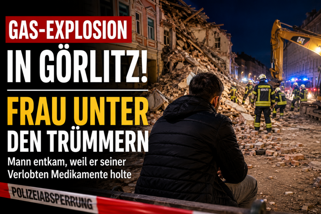 Mann sitzt vor Trümmern nach Gasexplosion und Hauseinsturz in Görlitz