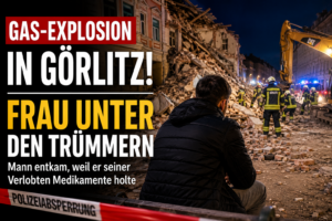 Mann sitzt vor Trümmern nach Gasexplosion und Hauseinsturz in Görlitz