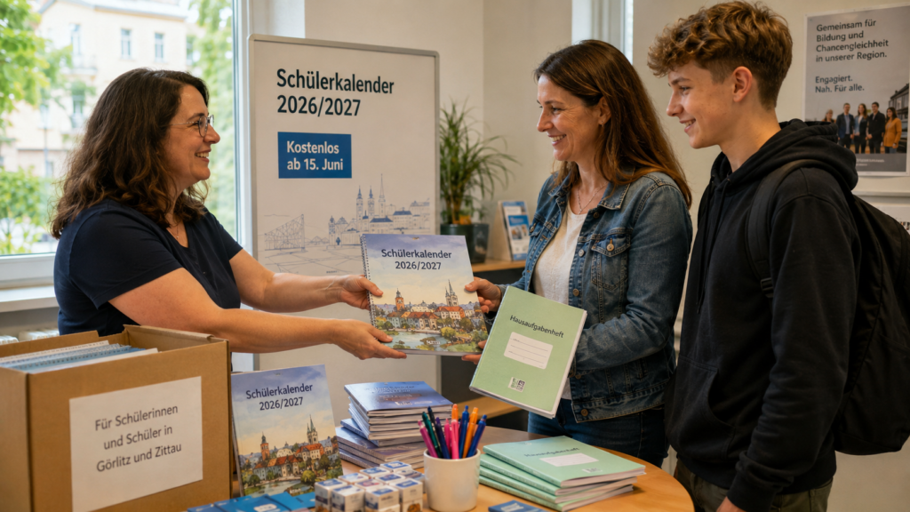 Ausgabe kostenloser Schülerkalender und Hausaufgabenhefte für das Schuljahr 2026/2027 in Görlitz und Zittau