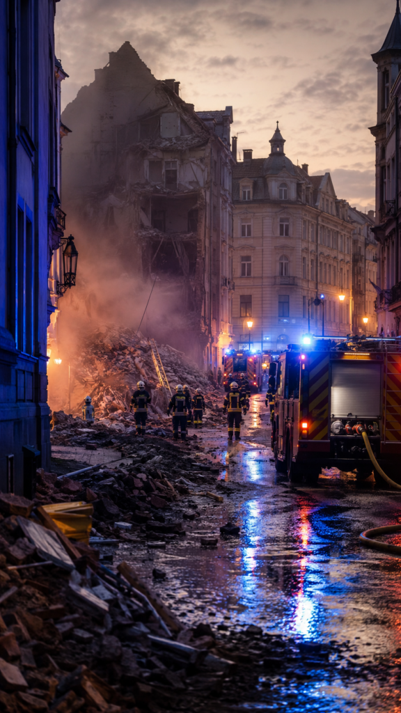 Eingestürztes Gründerzeit-Mehrfamilienhaus in Görlitz mit Feuerwehr, Rettungskräften, Trümmern, Staub und Blaulicht bei Abendlicht