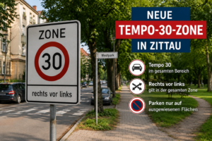Tempo-30-Zone in Zittau am Westpark mit Hinweis auf rechts vor links und Parkregelung
