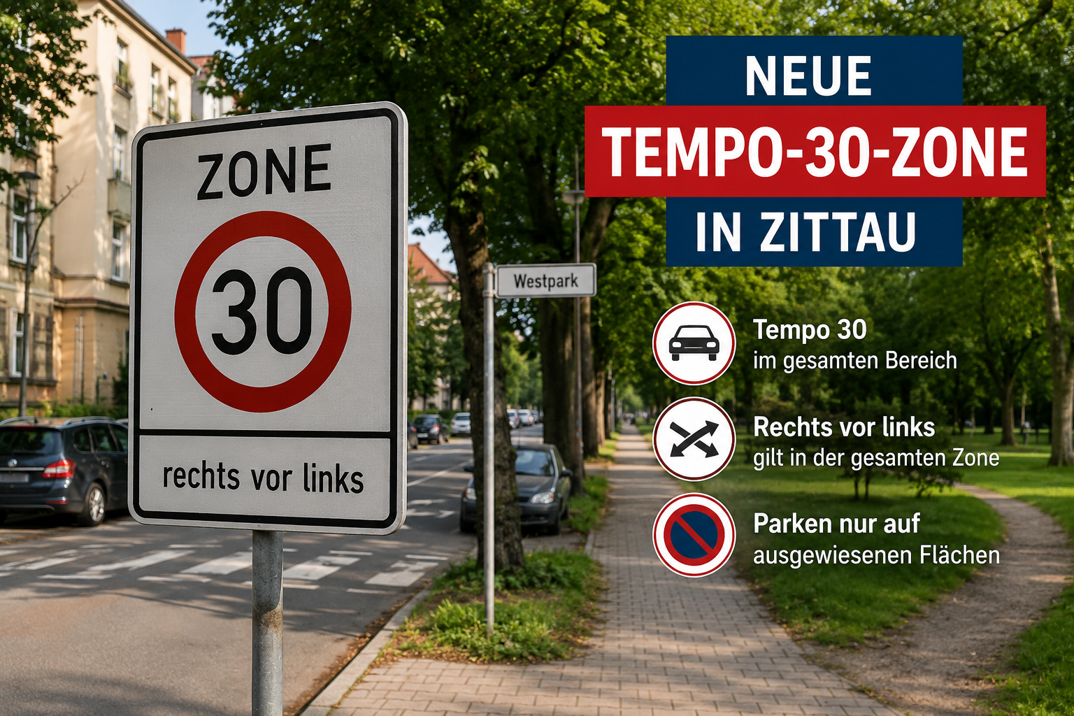 Tempo-30-Zone in Zittau am Westpark mit Hinweis auf rechts vor links und Parkregelung