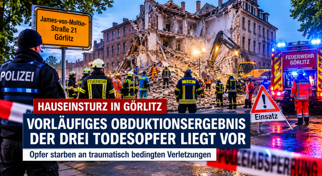 Einsatzkräfte an der James-von-Moltke-Straße in Görlitz nach Hauseinsturz mit drei Todesopfern