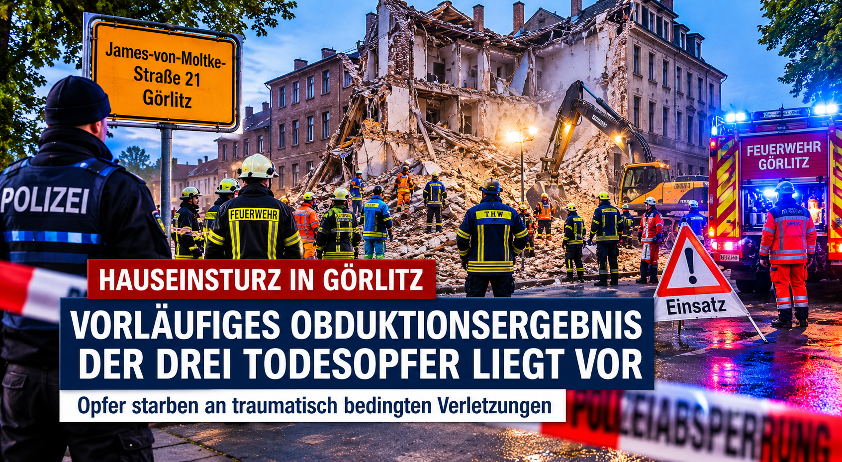 Einsatzkräfte an der James-von-Moltke-Straße in Görlitz nach Hauseinsturz mit drei Todesopfern