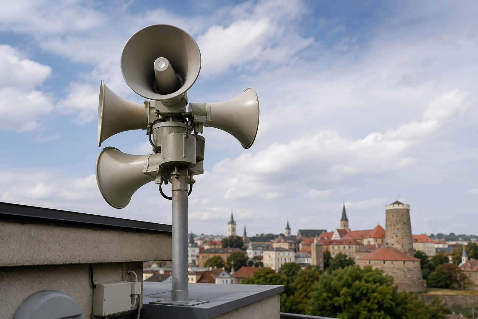 Moderne Sirene auf einem Gebäude in Bautzen zur Warnung der Bevölkerung