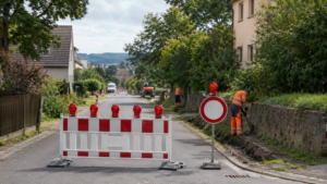 Baustellenschild und Straßensperrung im Raum Zittau