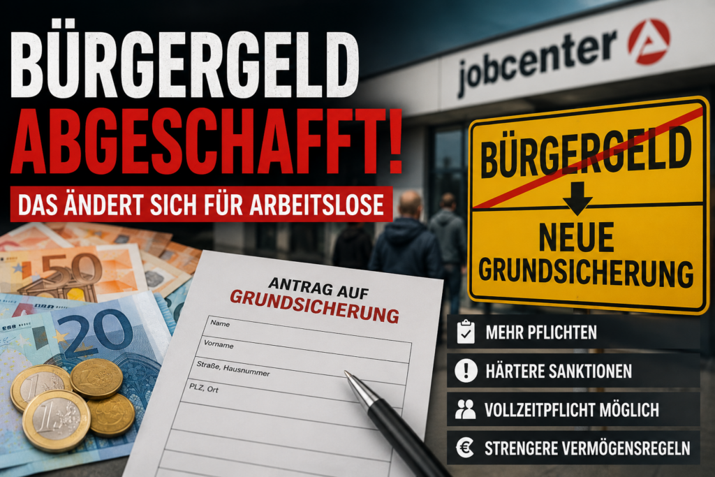 Symbolbild zur Abschaffung des Bürgergeldes und Einführung der neuen Grundsicherung 2026 mit Jobcenter, Geldscheinen und Formularen.