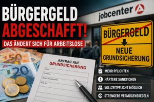 Symbolbild zur Abschaffung des Bürgergeldes und Einführung der neuen Grundsicherung 2026 mit Jobcenter, Geldscheinen und Formularen.