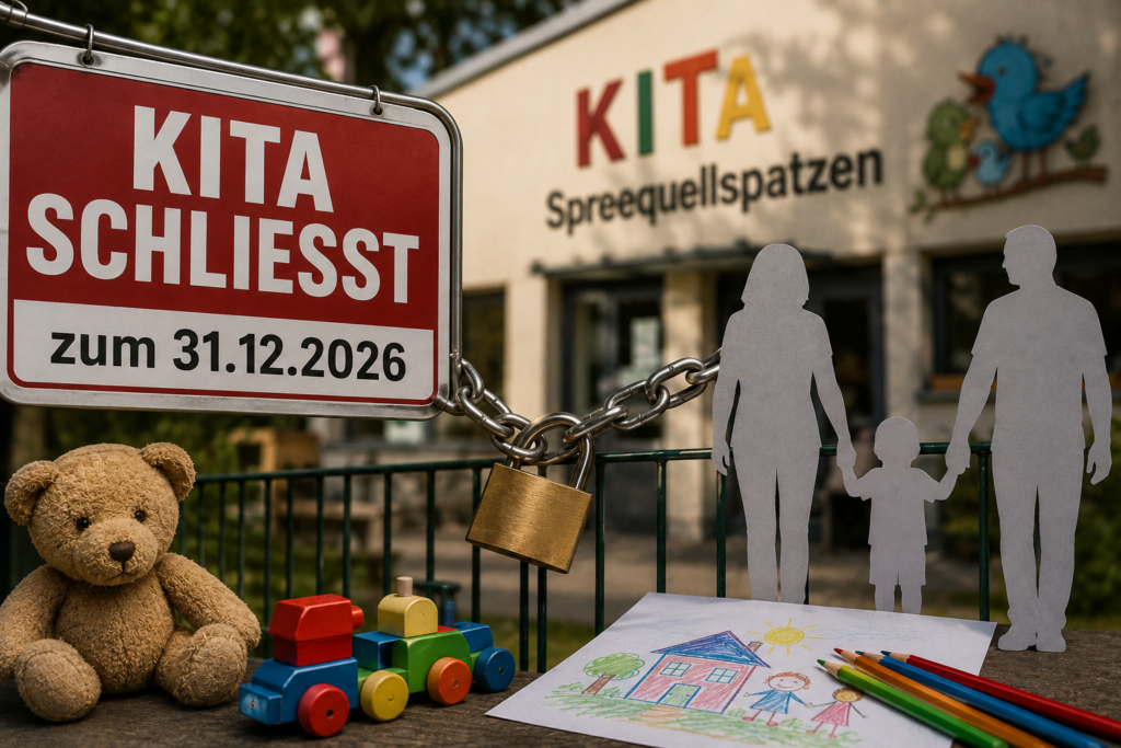 Symbolbild zur Schließung der Kita Spreequellspatzen in Ebersbach-Neugersdorf mit verschlossenem Tor, Spielzeug und Familie.