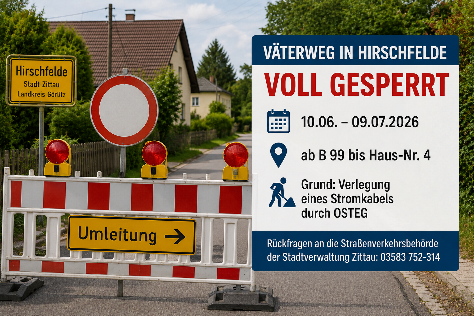 Straßensperrung im Väterweg in Hirschfelde wegen Kabelarbeiten