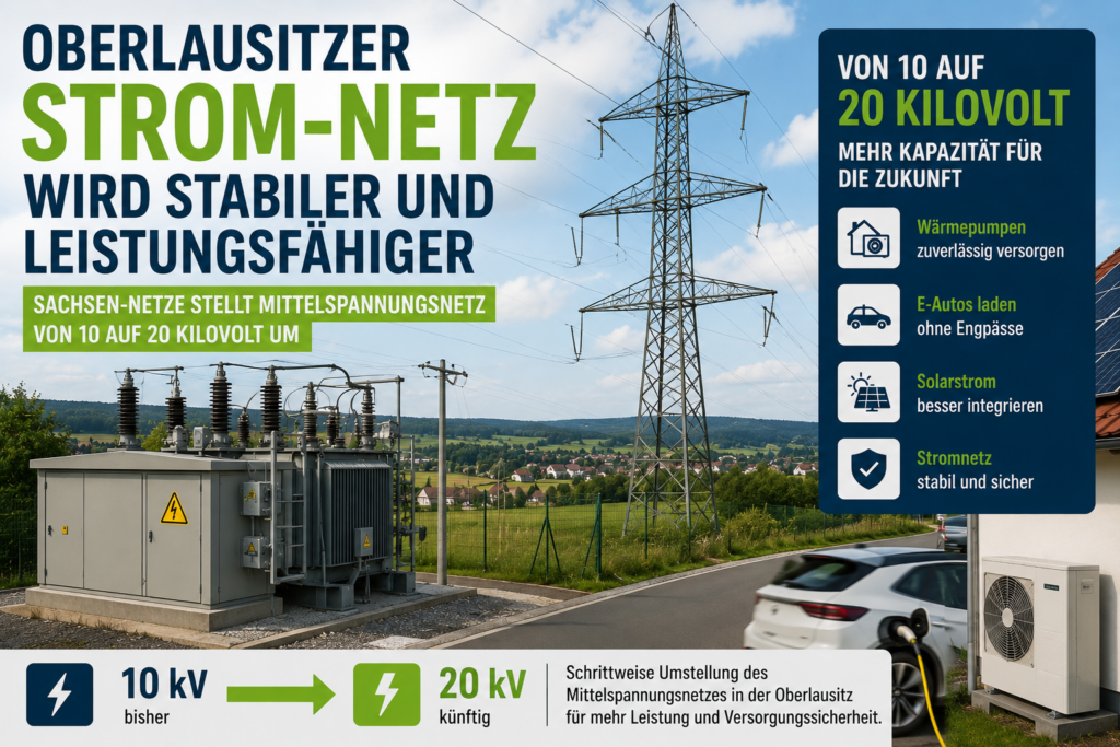 Trafostation und Stromleitungen in der Oberlausitz bei Netzausbau