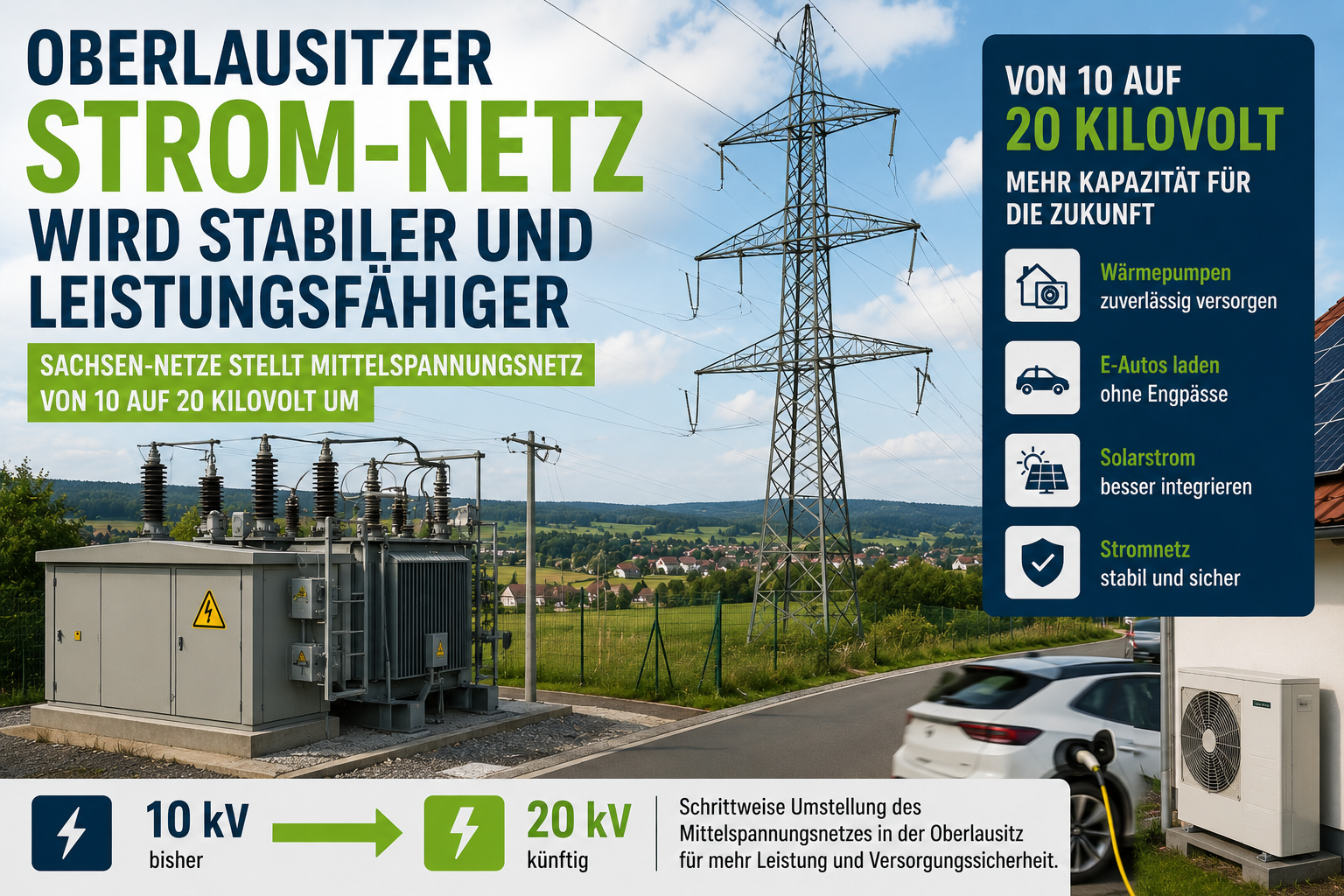 Trafostation und Stromleitungen in der Oberlausitz bei Netzausbau