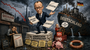 Satirisches Beitragsbild zu Firmenpleiten in Deutschland, gebrochenen Wirtschaftsversprechen von Kanzler Merz und einer SPD mit 12 Prozent Einfluss auf die Regierung.