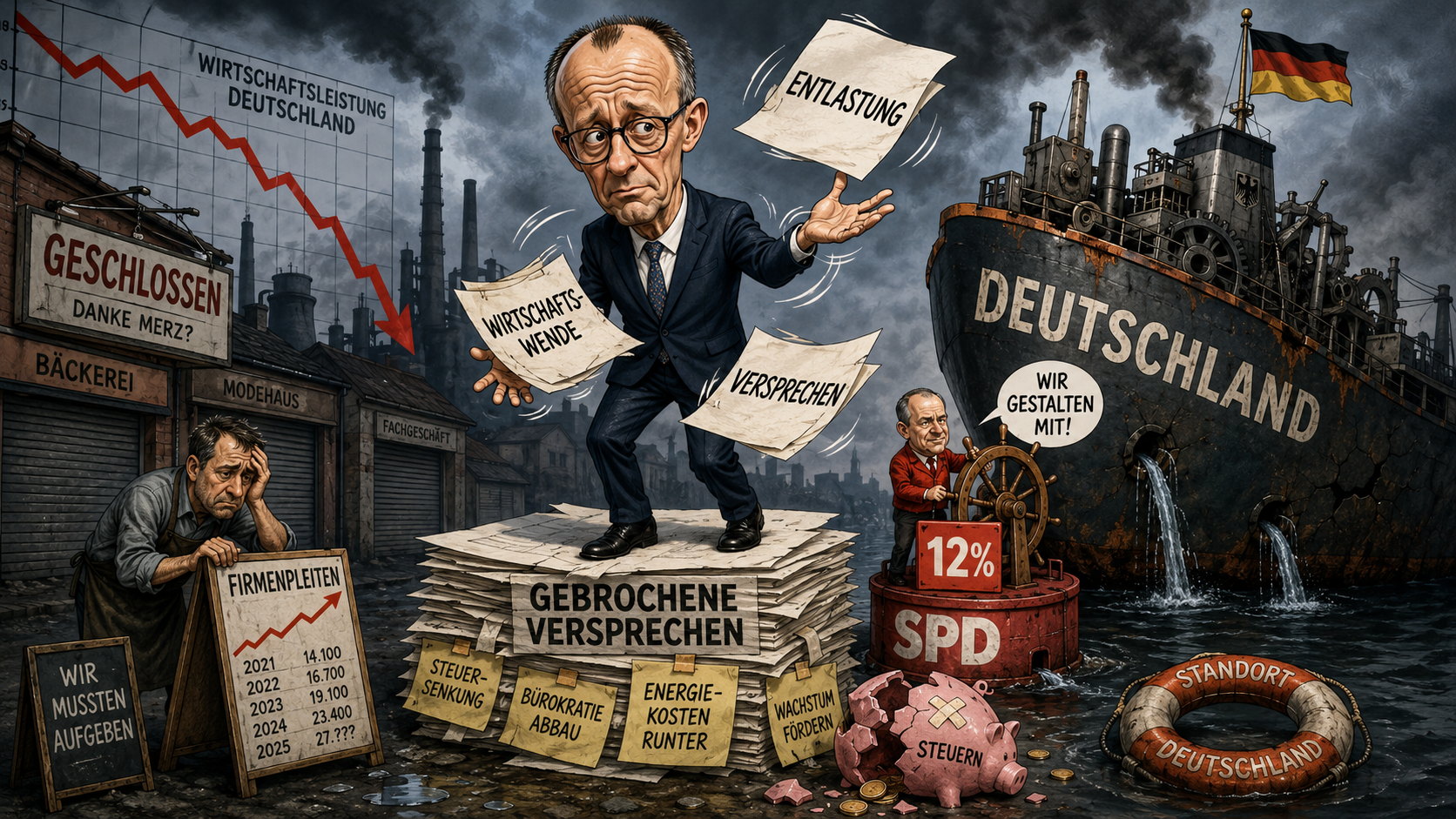 Satirisches Beitragsbild zu Firmenpleiten in Deutschland, gebrochenen Wirtschaftsversprechen von Kanzler Merz und einer SPD mit 12 Prozent Einfluss auf die Regierung.
