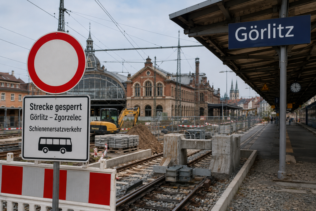 Bahnhof Görlitz mit Bauarbeiten und Hinweis auf Schienenersatzverkehr nach Zgorzelec