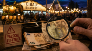 Symbolbild zu falschen 50-Euro-Scheinen auf dem Eibauer Bierfest mit Lupe, Warnhinweis und Festgelände im Hintergrund.