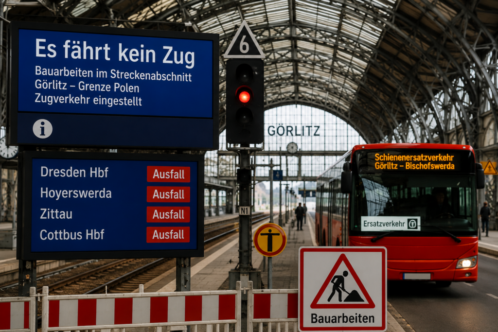Leerer Bahnhof Görlitz mit roten Signalen wegen Bauarbeiten und Schienenersatzverkehr